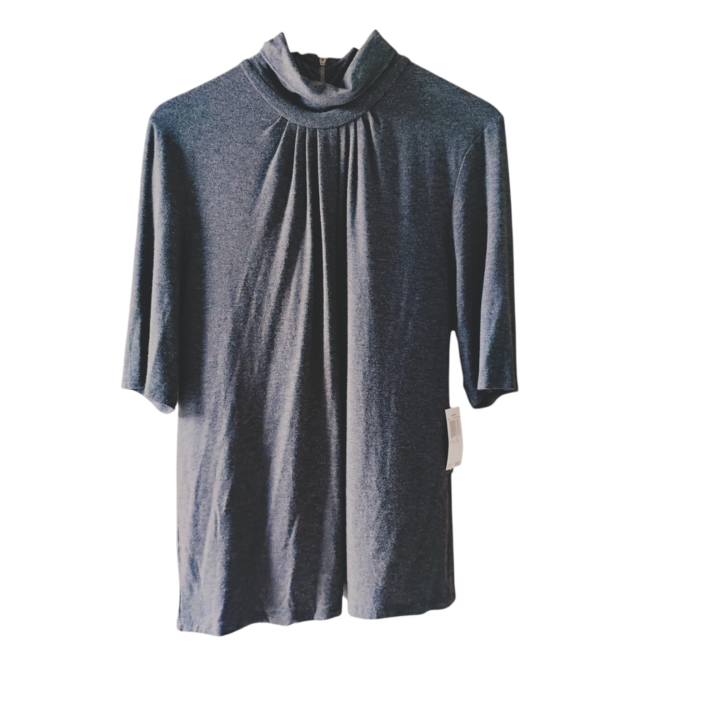 Grace Elements NWT Mock Neck Pleated Front Blouse Elbow Sleeve Grey Sz XL
